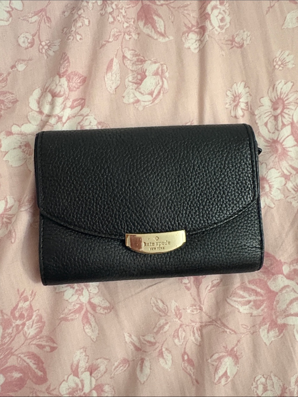 kate spade Black Pebbled Leather Trifold Wallet with Gold Plaque